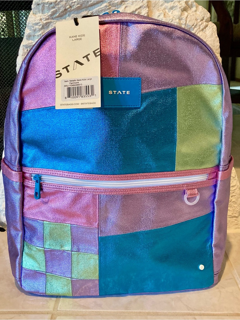 NWT STATE Large Double Kane Metallic Patchwork Kids Backpack-Pink, Purple, Teal